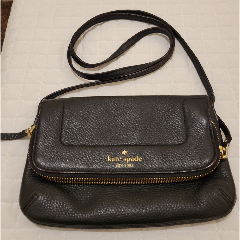 Kate Spade Black Pebbled Leather Crossbody Bag Gold Hardware Pink Lining Classic